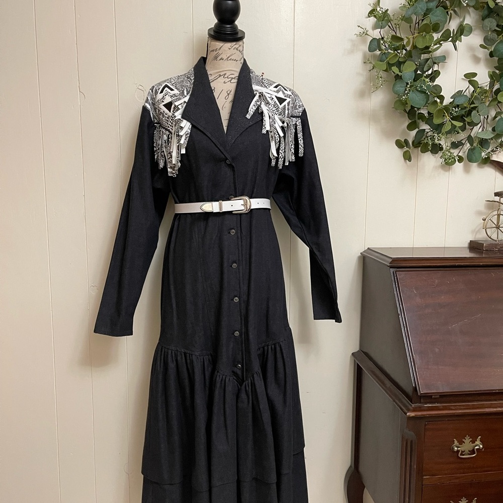 Vtg 90s Roper M maxi western prairie cowgirl denim 100% cotton USA made dress
